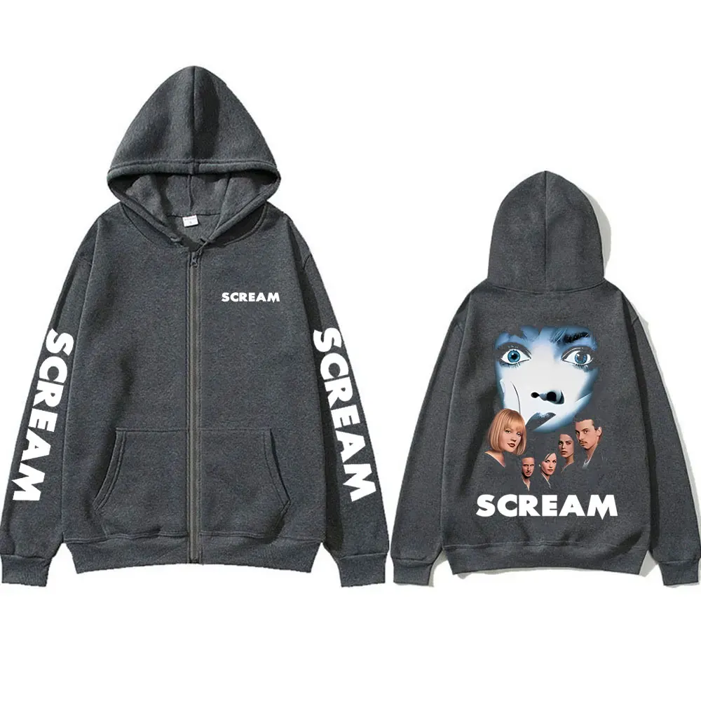 Horror Movie Scream Graphic Zipper Hoodie Billy Loomis Print Zip Up Jacket Men Women Hip Hop Vintage Oversized Zip Up Sweatshirt