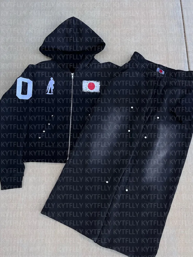 2025 Autumn and Winter Hot Diamond Loose Plush National Flag Design Casual Zipper Hooded Sweatshirt Pants Two-Piece Set Trendy S