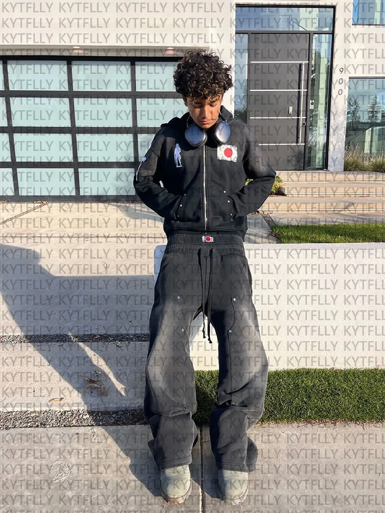 2025 Autumn and Winter Hot Diamond Loose Plush National Flag Design Casual Zipper Hooded Sweatshirt Pants Two-Piece Set Trendy S