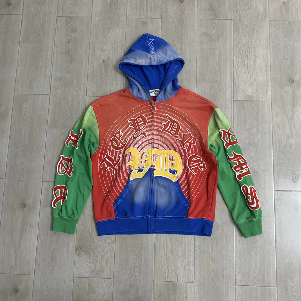 Streetwear Patchwork Letter Embroidery Zipper Terry Hooded Hoodie for Men Distressed Hole Cardigan Sweatshirt Jacket Oversized
