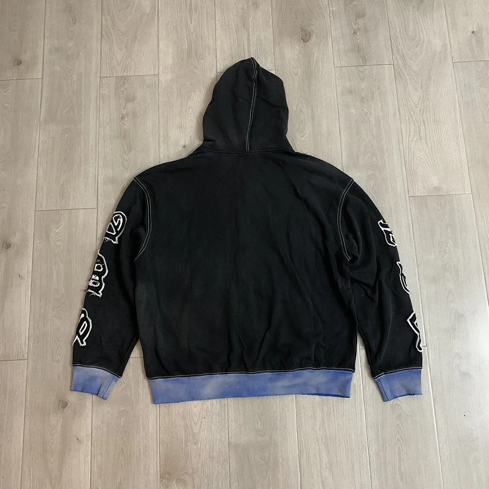 Streetwear Patchwork Letter Embroidery Zipper Terry Hooded Hoodie for Men Distressed Hole Cardigan Sweatshirt Jacket Oversized