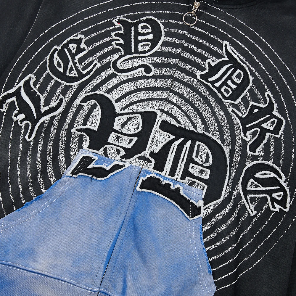 Streetwear Patchwork Letter Embroidery Zipper Terry Hooded Hoodie for Men Distressed Hole Cardigan Sweatshirt Jacket Oversized