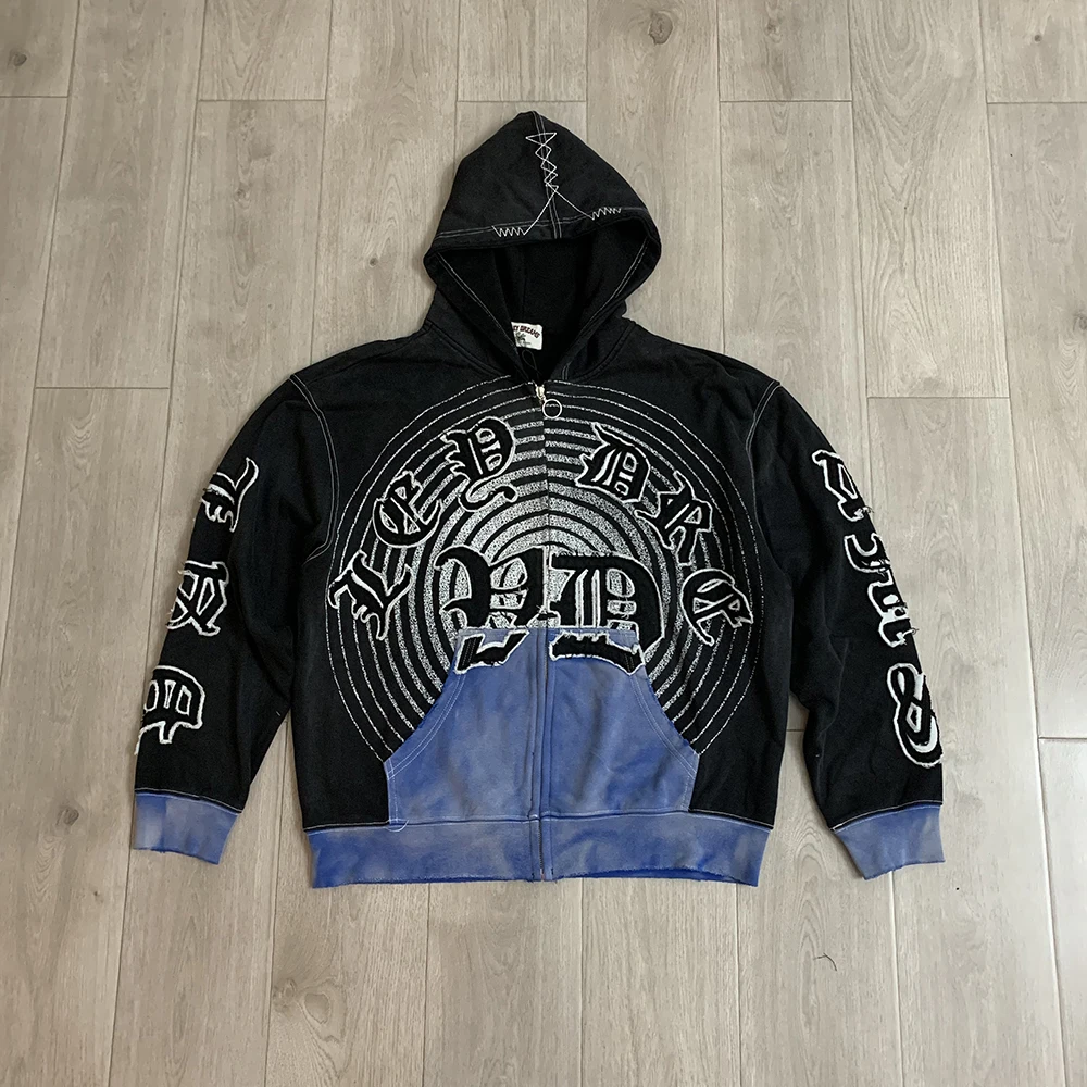 Streetwear Patchwork Letter Embroidery Zipper Terry Hooded Hoodie for Men Distressed Hole Cardigan Sweatshirt Jacket Oversized
