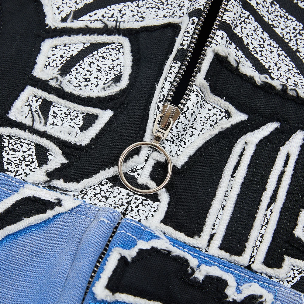 Streetwear Patchwork Letter Embroidery Zipper Terry Hooded Hoodie for Men Distressed Hole Cardigan Sweatshirt Jacket Oversized