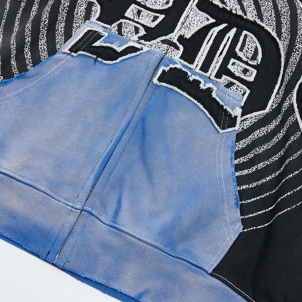 Streetwear Patchwork Letter Embroidery Zipper Terry Hooded Hoodie for Men Distressed Hole Cardigan Sweatshirt Jacket Oversized