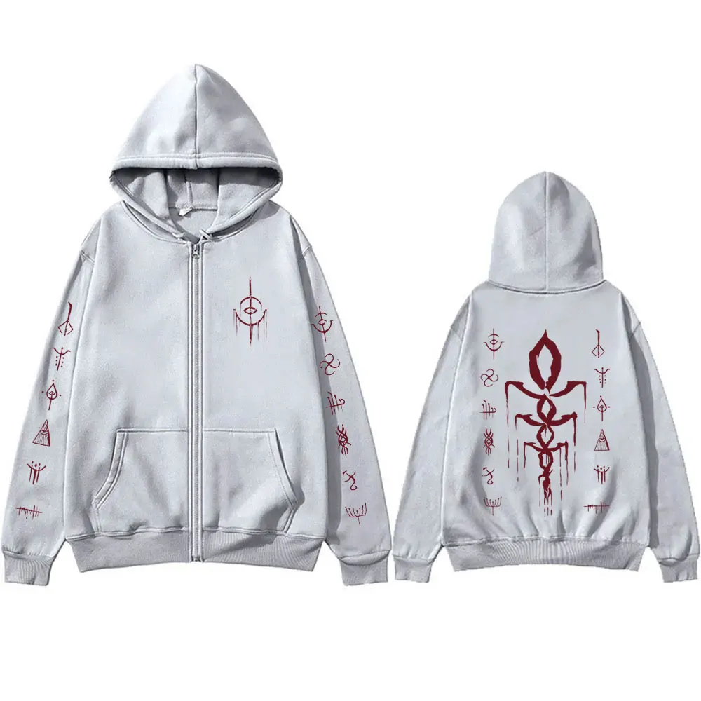Game Bloodborne Graphic Zipper Hoodie Horror Hunter Cosplay Zip Up Jacket Men Women Casual Vintage Oversized Zip Up Sweatshirt