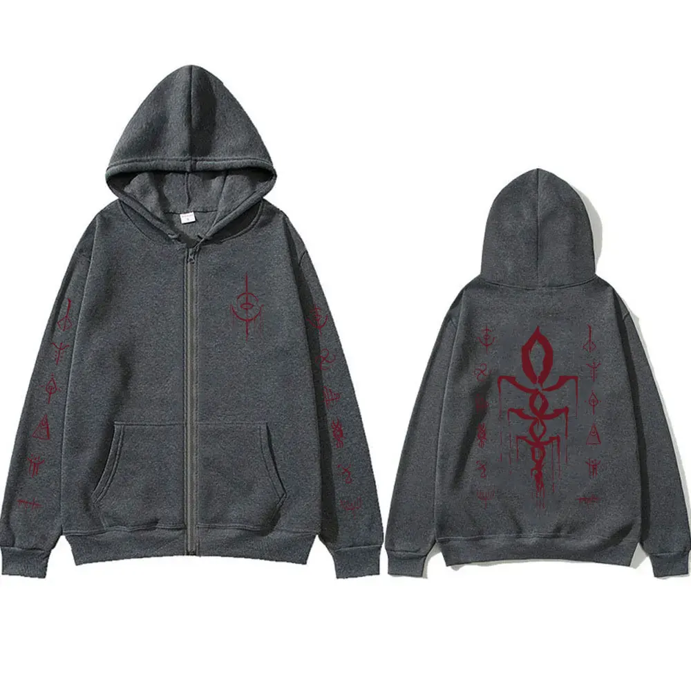 Game Bloodborne Graphic Zipper Hoodie Horror Hunter Cosplay Zip Up Jacket Men Women Casual Vintage Oversized Zip Up Sweatshirt
