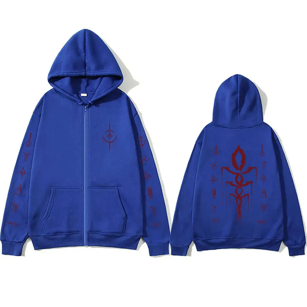 Game Bloodborne Graphic Zipper Hoodie Horror Hunter Cosplay Zip Up Jacket Men Women Casual Vintage Oversized Zip Up Sweatshirt