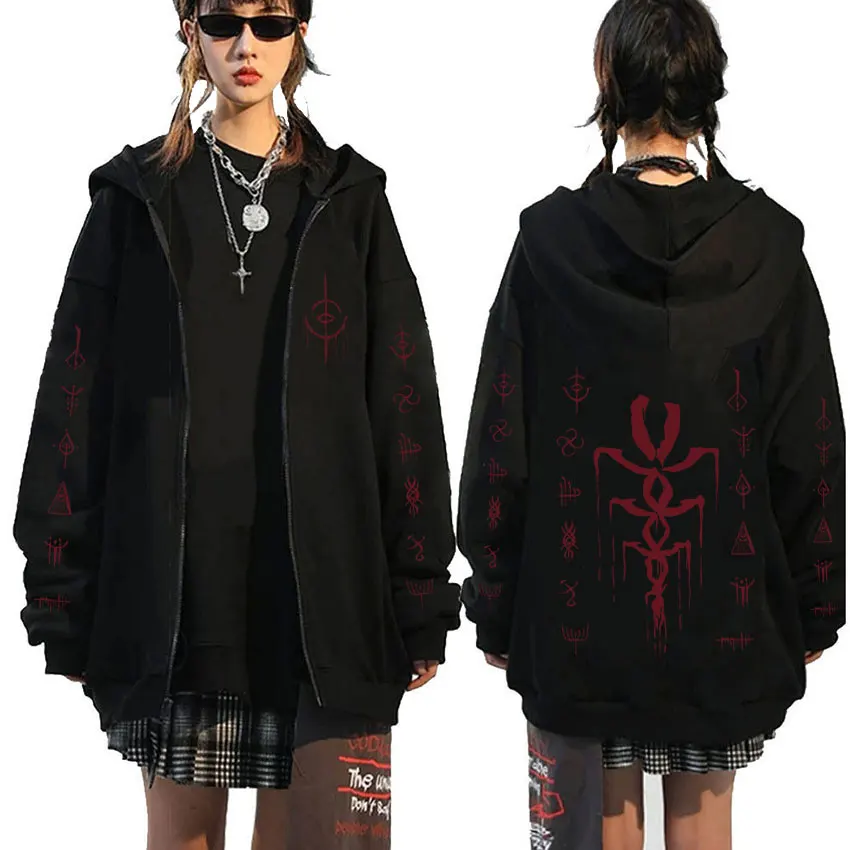 Game Bloodborne Graphic Zipper Hoodie Horror Hunter Cosplay Zip Up Jacket Men Women Casual Vintage Oversized Zip Up Sweatshirt