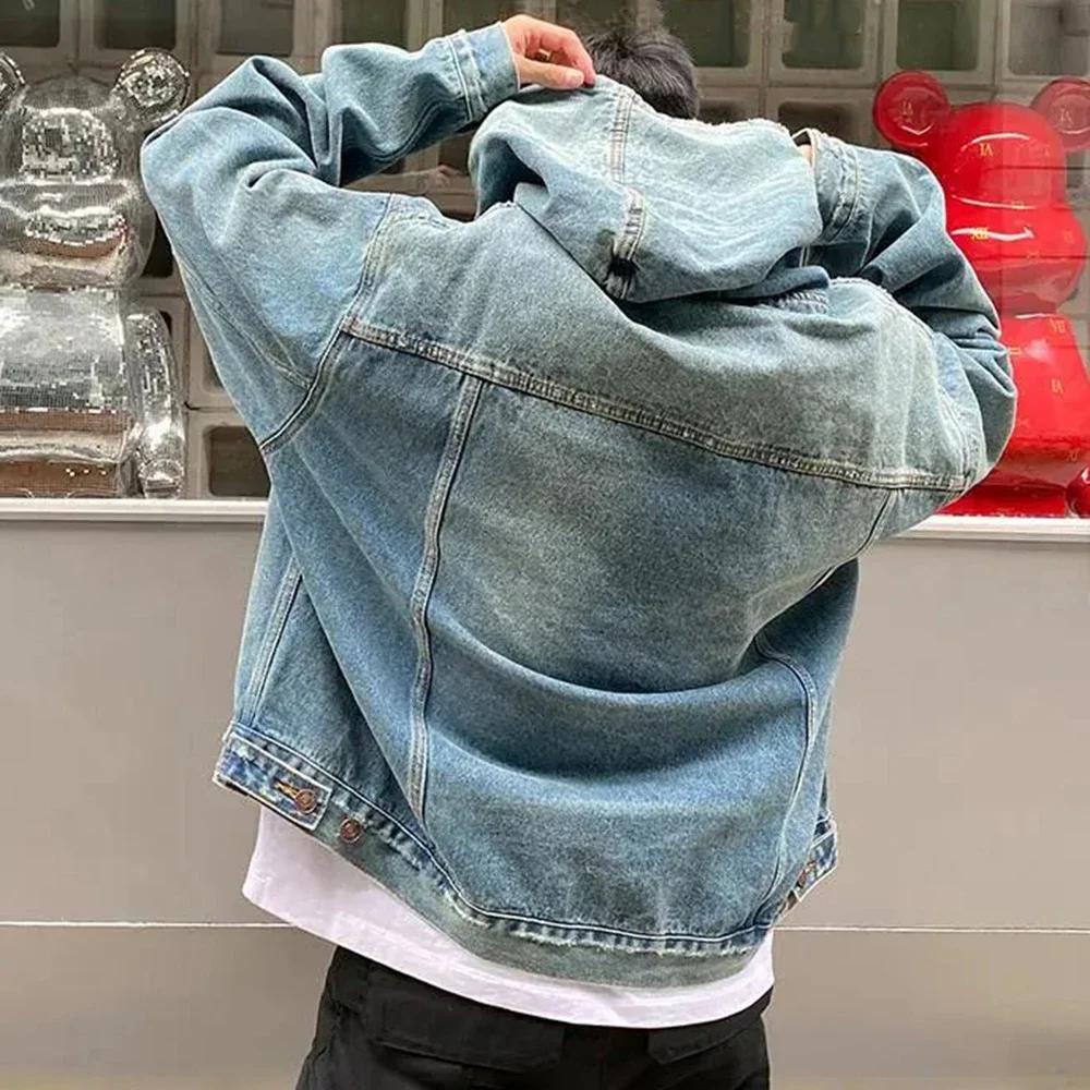 Mens Autumn Winter Fashion Denim Washed Distressed Retro Hoodie Genderless Street Fashion Casual Loose Denim Sweatshirt Unisex