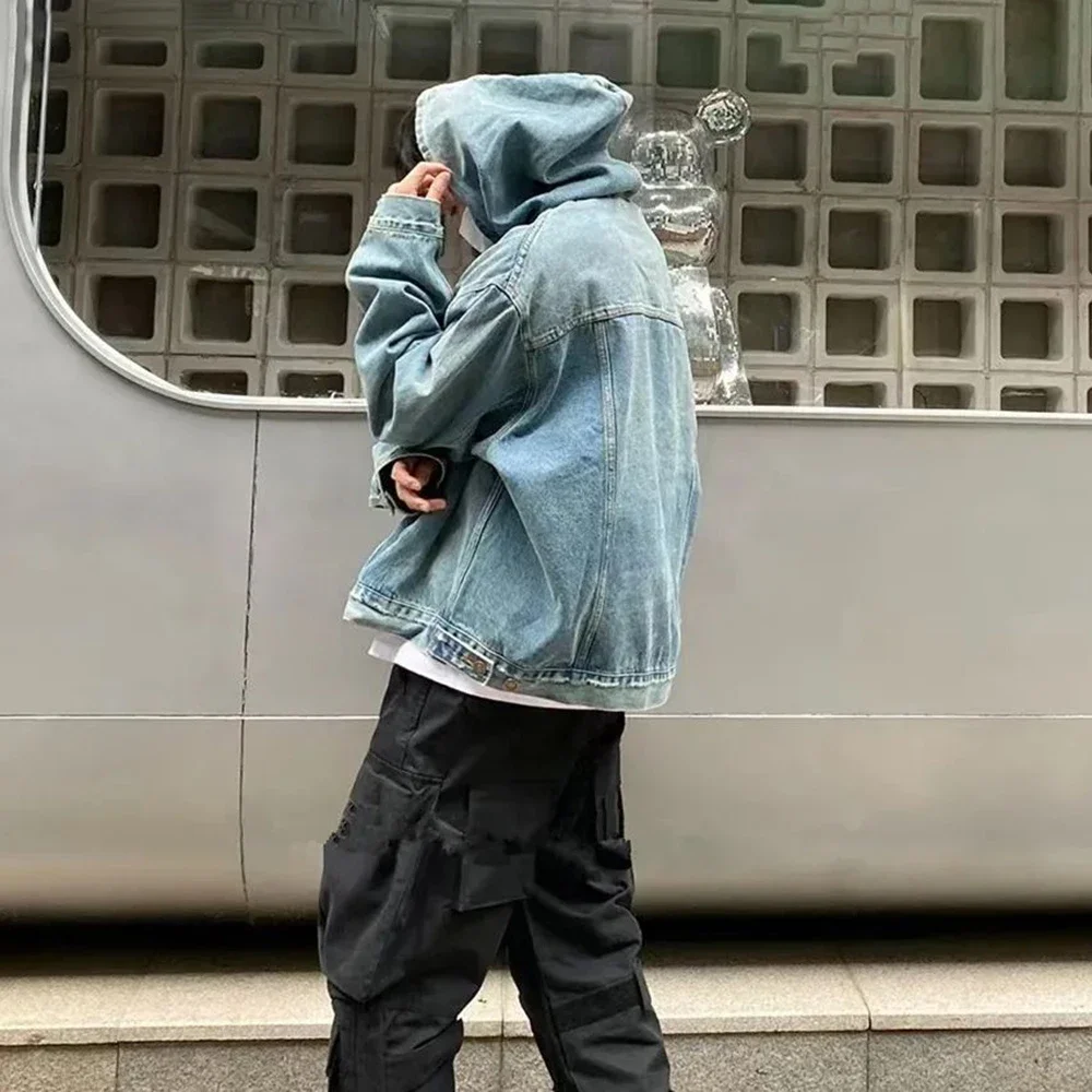Mens Autumn Winter Fashion Denim Washed Distressed Retro Hoodie Genderless Street Fashion Casual Loose Denim Sweatshirt Unisex