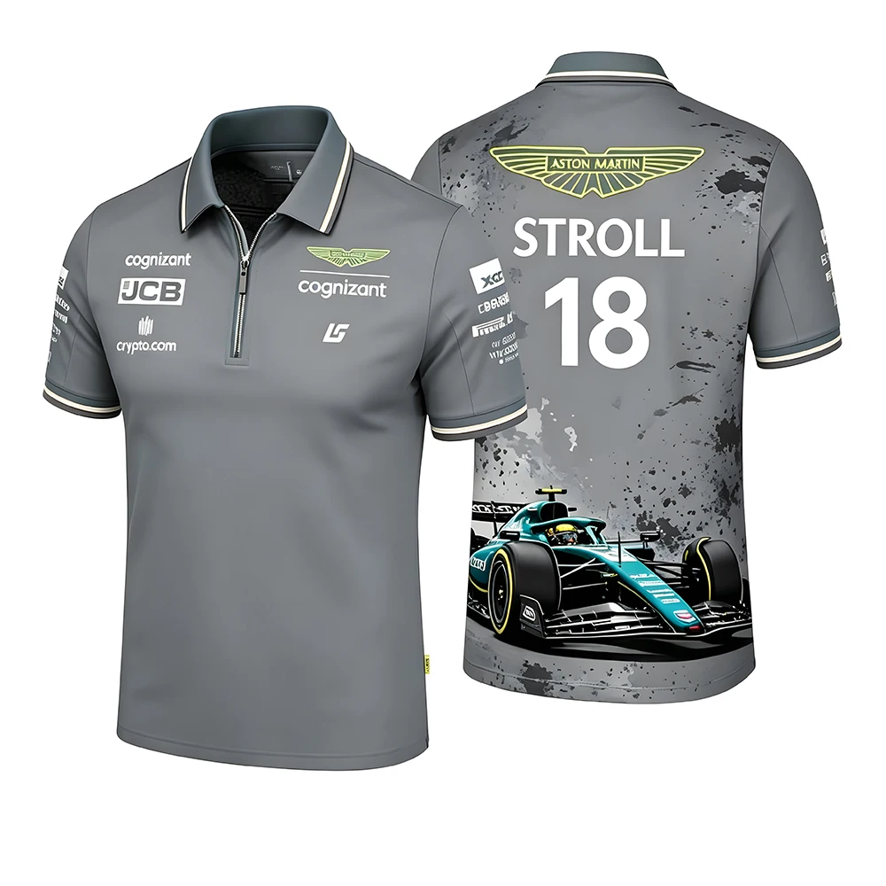 Aston Martin Men's Sporty Casual Zip-Up Polo Shirt Breathable Fashionable Trendy Zipper Closure Short Sleeve Clothing
