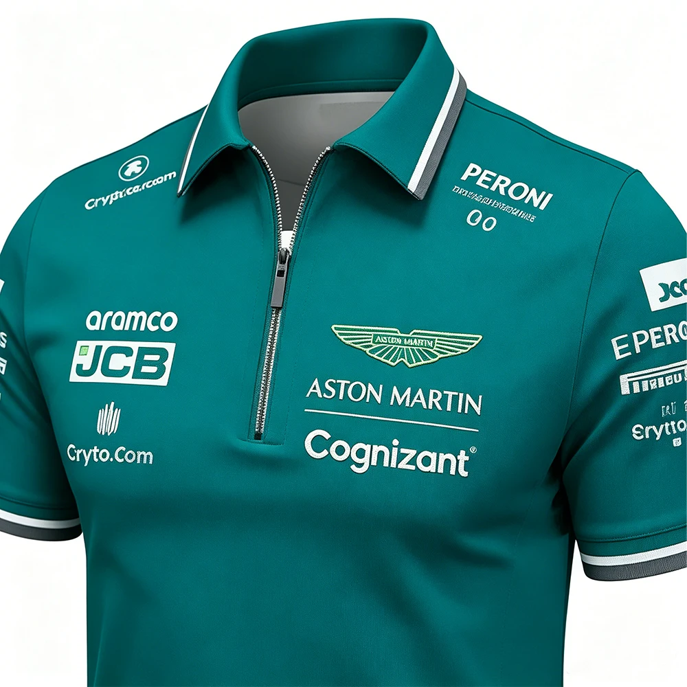 Aston Martin Men's Sporty Casual Zip-Up Polo Shirt Breathable Fashionable Trendy Zipper Closure Short Sleeve Clothing