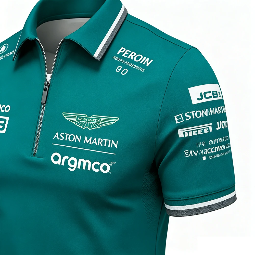 Aston Martin Men's Sporty Casual Zip-Up Polo Shirt Breathable Fashionable Trendy Zipper Closure Short Sleeve Clothing