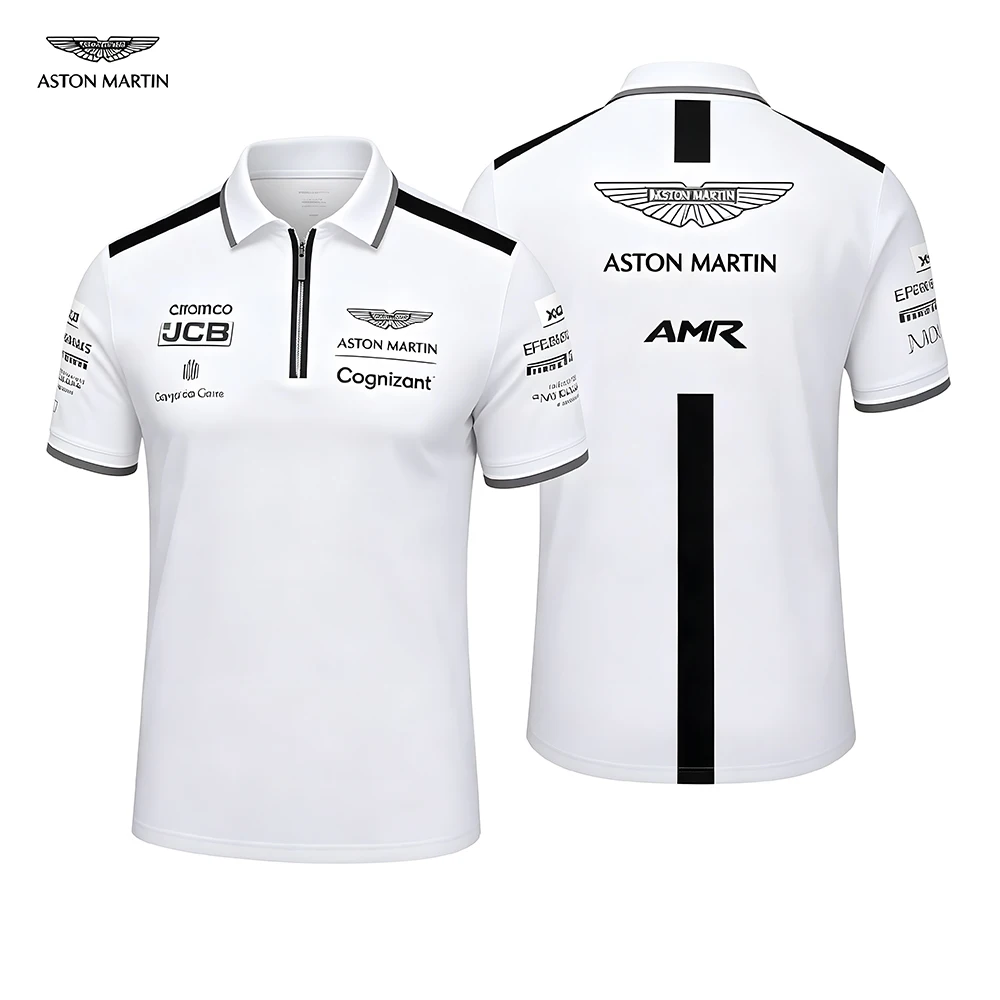 Aston Martin Men's Sporty Casual Zip-Up Polo Shirt Breathable Fashionable Trendy Zipper Closure Short Sleeve Clothing