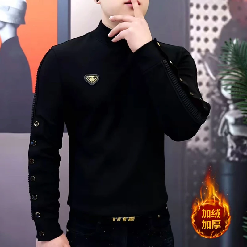 Autumn Winter Half High Collar T-shirt for Men Thick and Warm Casual Social Sweatshirt Long Sleeve Streetwear Pullover M-5XL