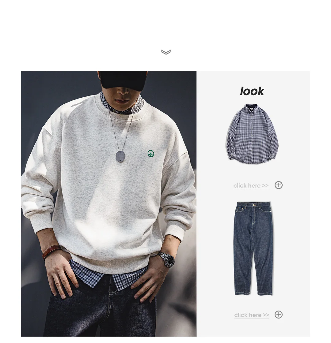 Maden Casual Gray Round-Neck Hoodie Fleece-Lined Sweatshirt Basic Loose Fit Undershirt for Men's Autumn and Winter Warm Tops