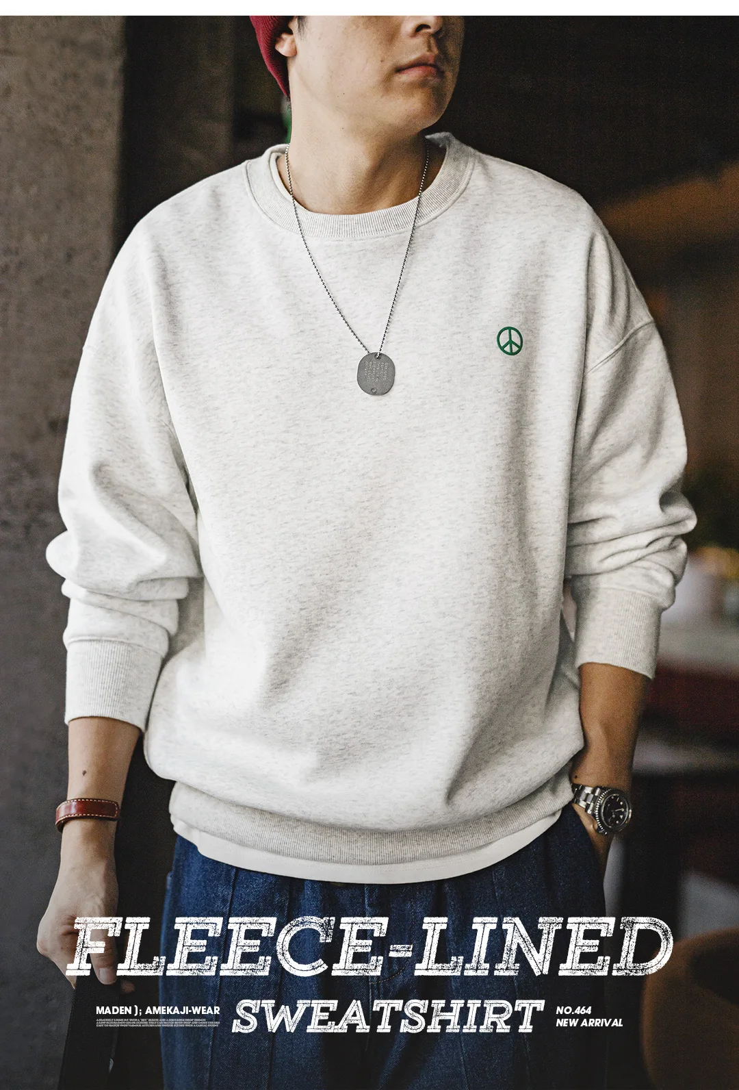 Maden Casual Gray Round-Neck Hoodie Fleece-Lined Sweatshirt Basic Loose Fit Undershirt for Men's Autumn and Winter Warm Tops