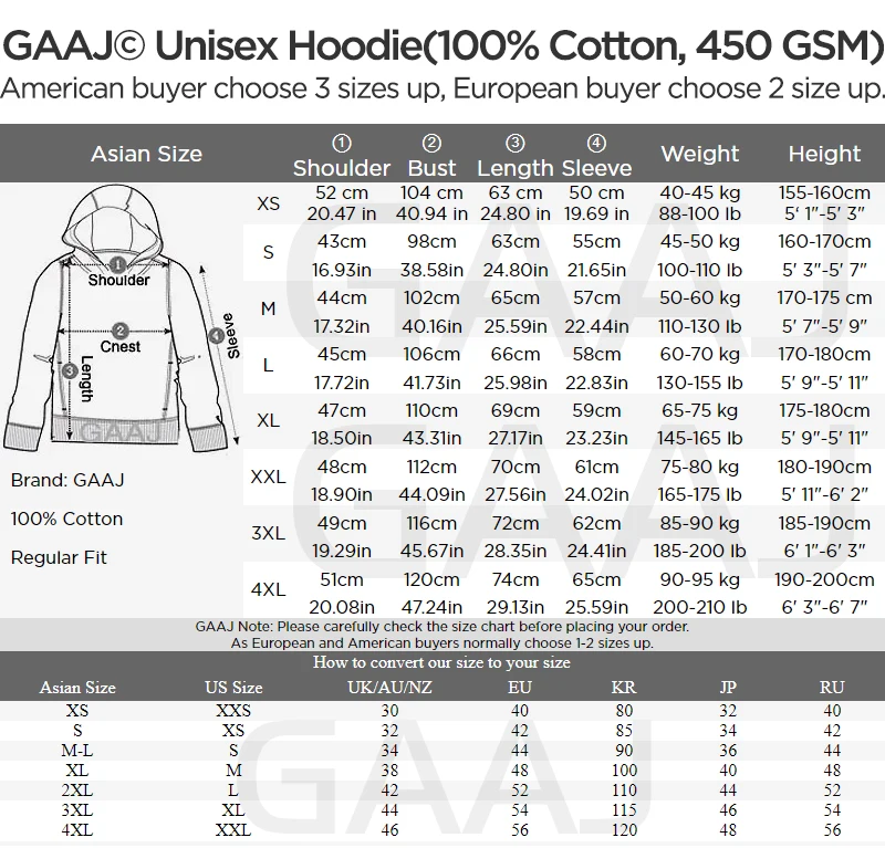 GAAJ Hoodie Premium 100% Cotton 450g Heavyweight Warm Thick Fleece Winter Solid Coat Casual Hood Sweatshirt Men Women Clothes