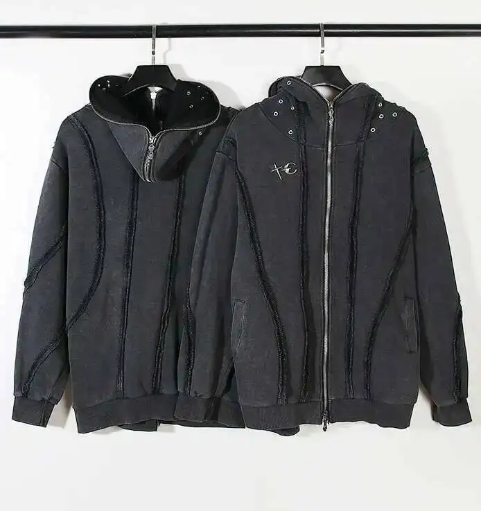 PFNW Washed Printed Zipper Design Sweatershirt Male Spliced Hooded Cardigan Short Clothing Men's Trendy Tops 2025 New 28W5071