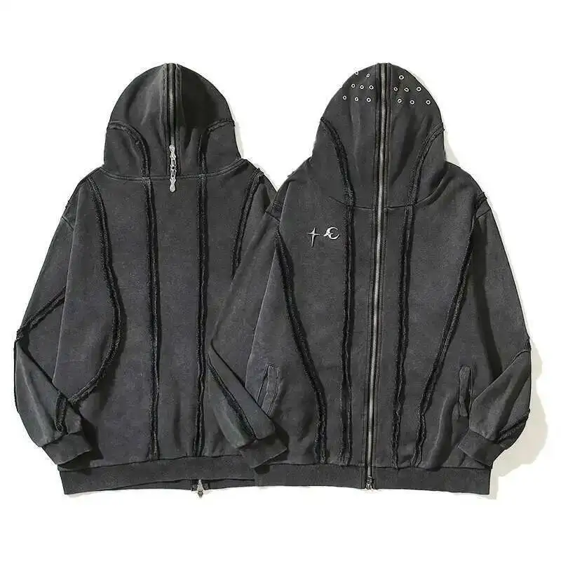 PFNW Washed Printed Zipper Design Sweatershirt Male Spliced Hooded Cardigan Short Clothing Men's Trendy Tops 2025 New 28W5071