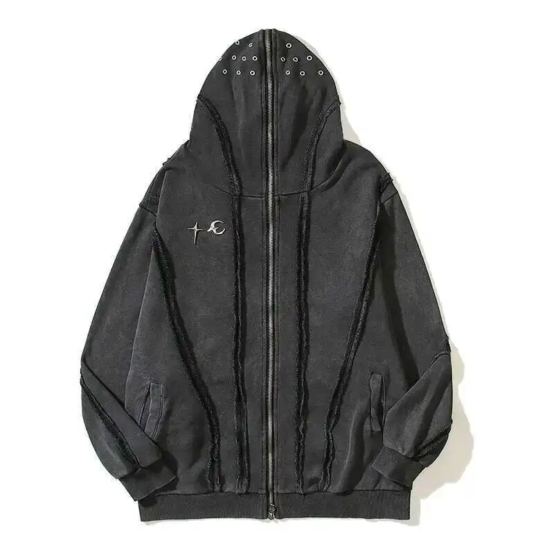 PFNW Washed Printed Zipper Design Sweatershirt Male Spliced Hooded Cardigan Short Clothing Men's Trendy Tops 2025 New 28W5071