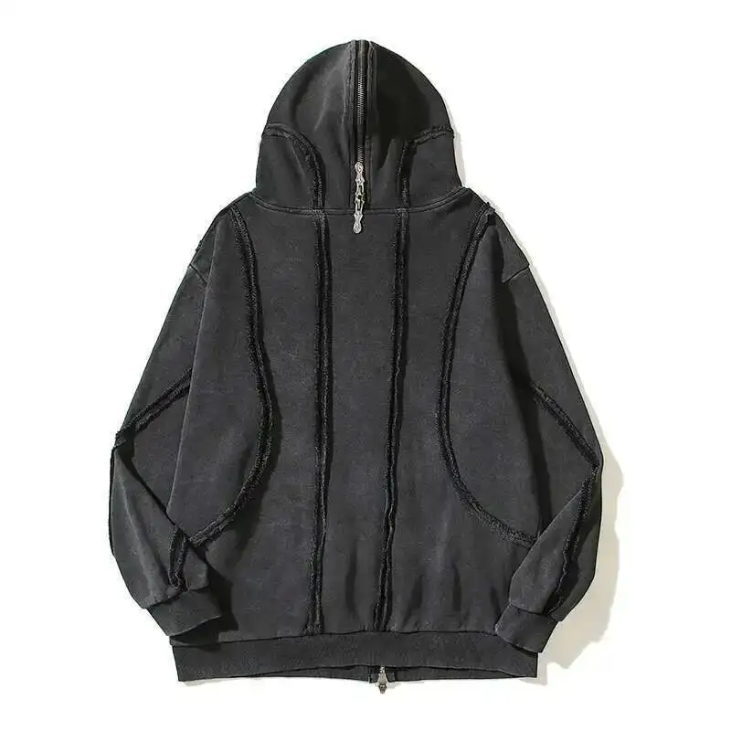 PFNW Washed Printed Zipper Design Sweatershirt Male Spliced Hooded Cardigan Short Clothing Men's Trendy Tops 2025 New 28W5071