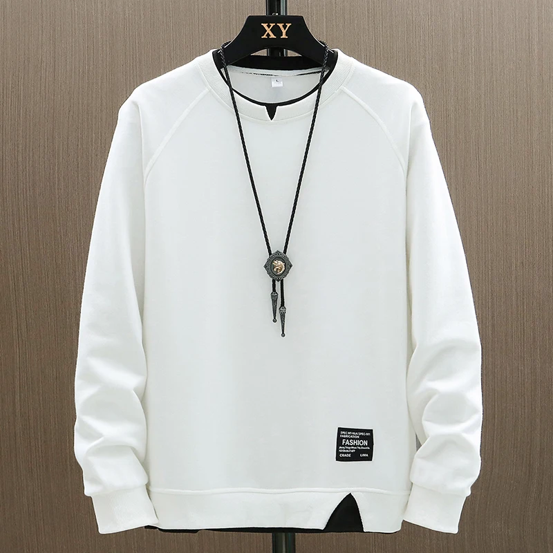 2025 New Mens Casual Sweatshirts Harajuku Solid Color Fashion Fake Two Pieces O-Neck Sweatshirt Hoodies Hip Hop Male Streetwear