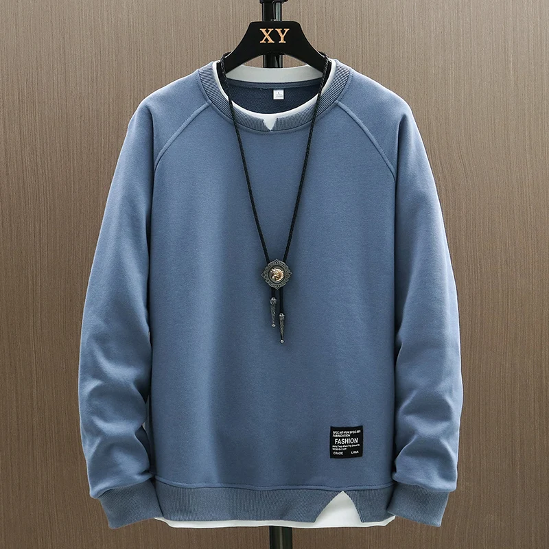 2025 New Mens Casual Sweatshirts Harajuku Solid Color Fashion Fake Two Pieces O-Neck Sweatshirt Hoodies Hip Hop Male Streetwear