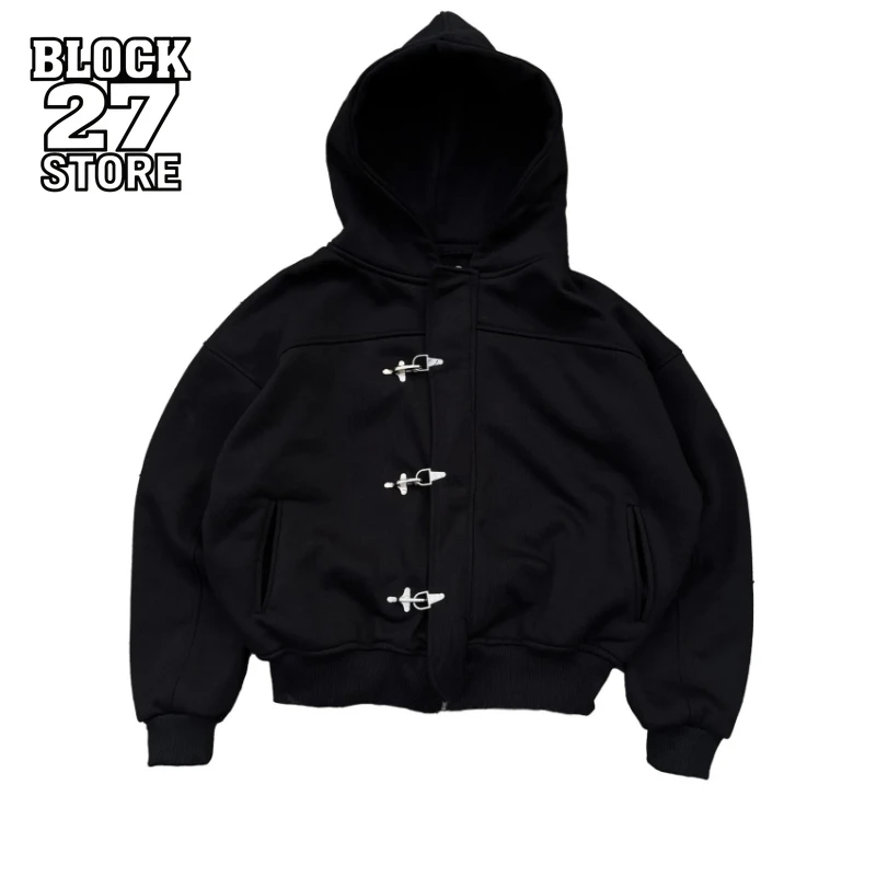 Mens Aircraft Buckle Hoodie Harajuku American Vintage Y2K Streetwear Button Design Solid Color Pullover Hooded Sweatshirt Long