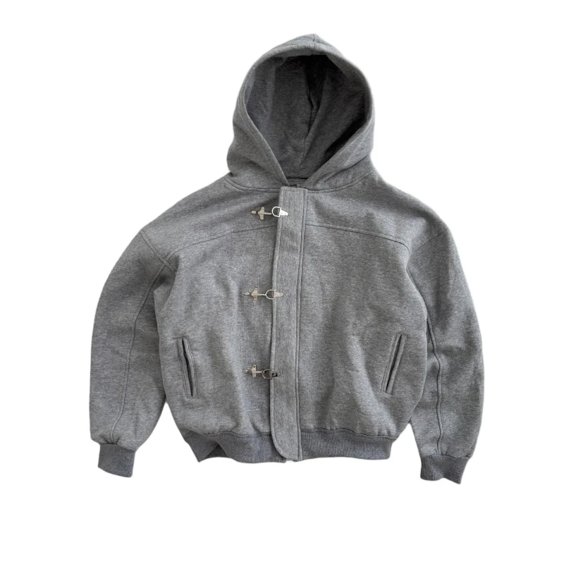 Mens Aircraft Buckle Hoodie Harajuku American Vintage Y2K Streetwear Button Design Solid Color Pullover Hooded Sweatshirt Long