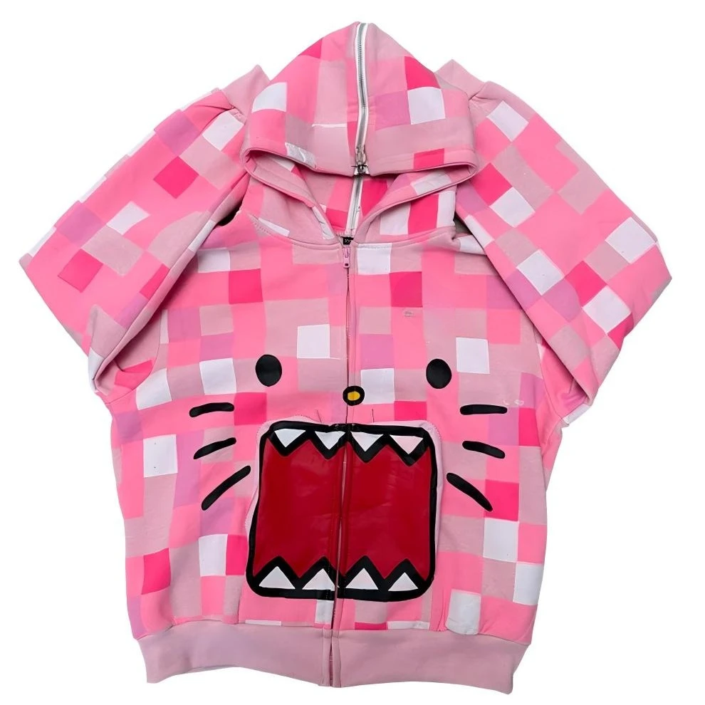 Y2k Retro Men Women Zipper Hoodie Harajuku Hip Hop Cartoon Cat Print Camo Hoodies Couple Casual Loose Outdoor Sweatshirt Clothes