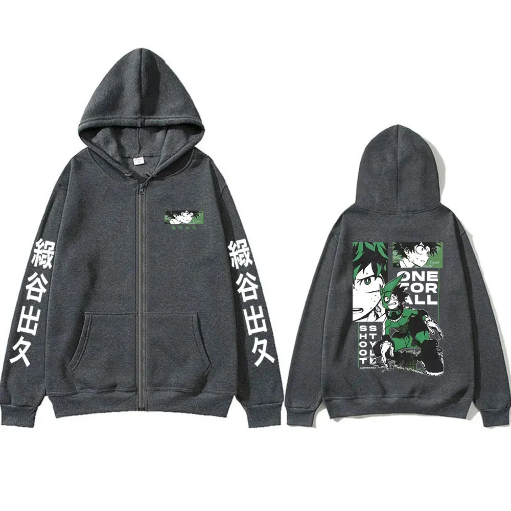 Anime My Hero Academia Midoriya Izuku Zipper Hoodie Men Women Casual Vintage Zip Up Jacket Male Manga Cosplay Zip Up Sweatshirt