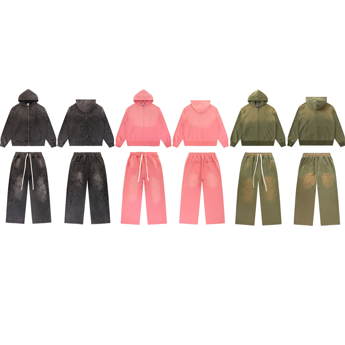 High Street Embroidery Washed Cross Zipper Hooded Hoodies for Men Streetwear Cardigan Loose Terry Sweatshirt Jacket Oversized