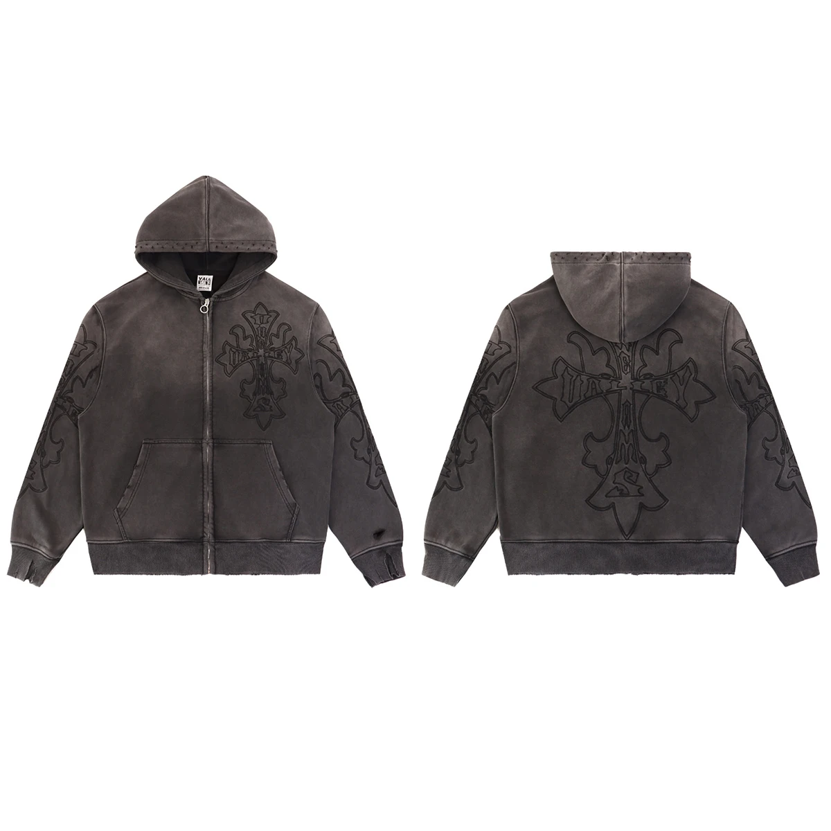 High Street Embroidery Washed Cross Zipper Hooded Hoodies for Men Streetwear Cardigan Loose Terry Sweatshirt Jacket Oversized