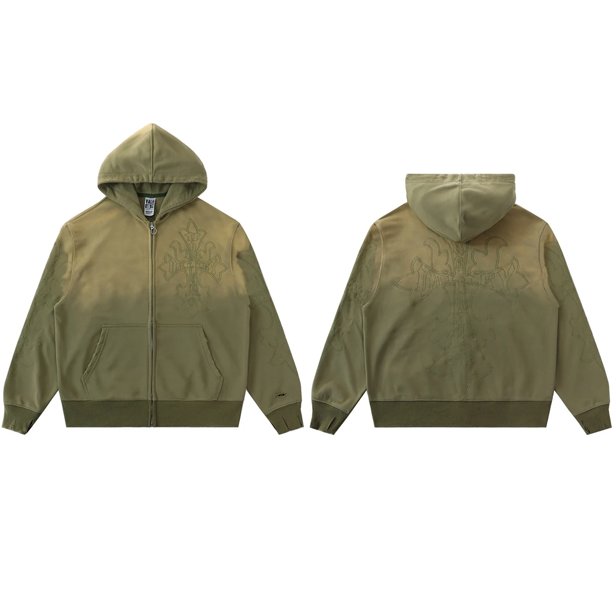 High Street Embroidery Washed Cross Zipper Hooded Hoodies for Men Streetwear Cardigan Loose Terry Sweatshirt Jacket Oversized
