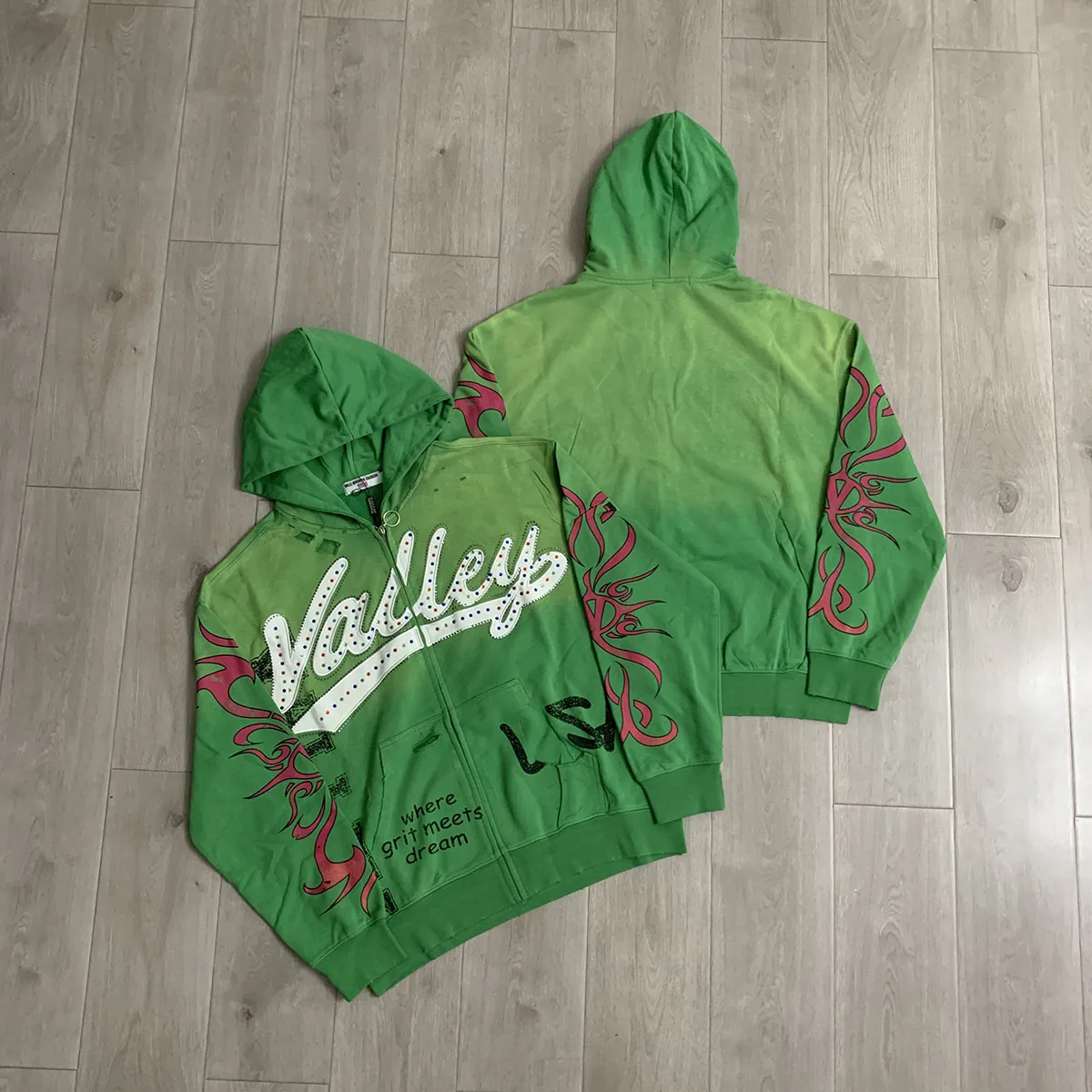 Streetwear Shinning Diamond Zipper Terry Hooded Hoodie for Men Oversized Graffiti Flame Cardigan Rhinestone Sweatshirt Jacket