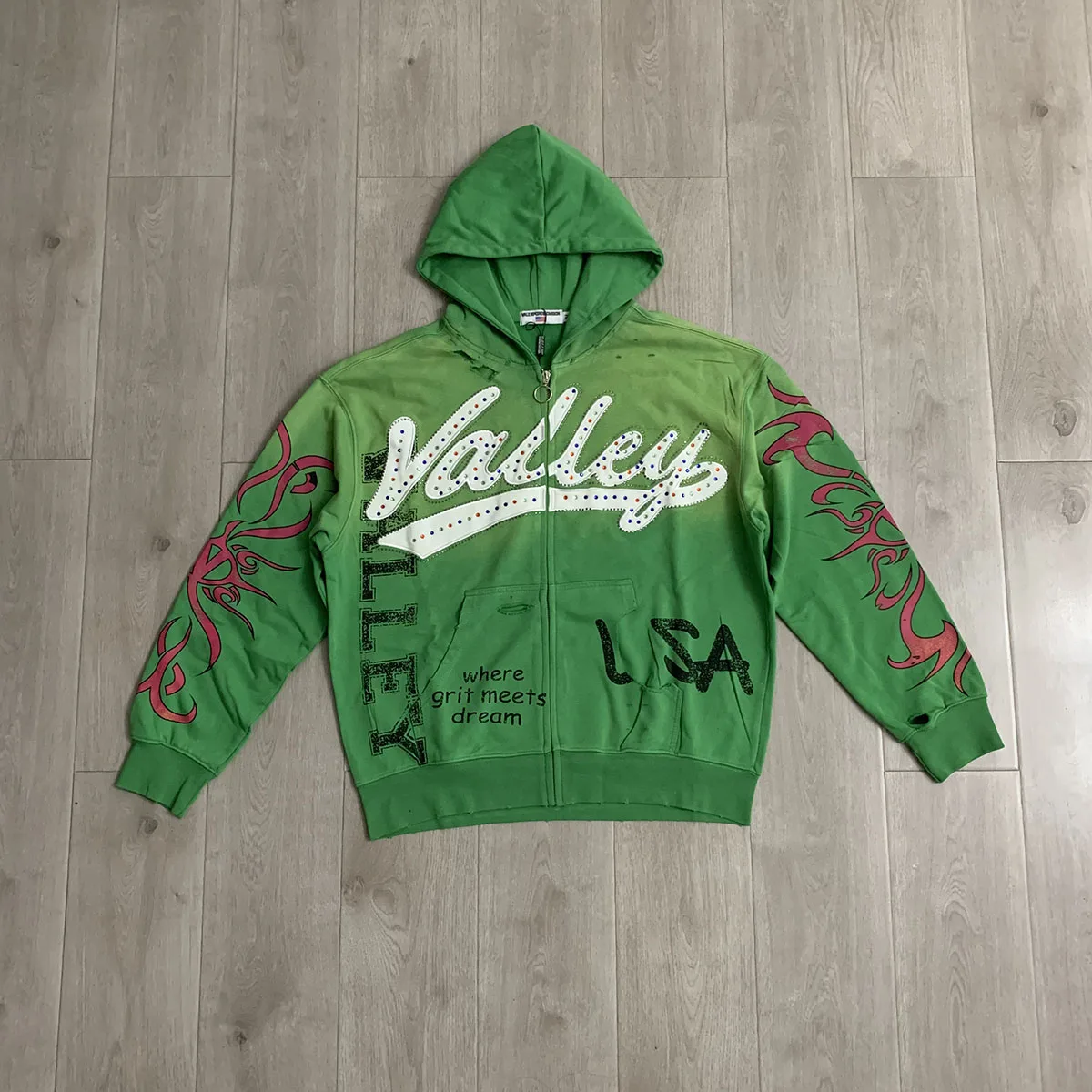 Streetwear Shinning Diamond Zipper Terry Hooded Hoodie for Men Oversized Graffiti Flame Cardigan Rhinestone Sweatshirt Jacket