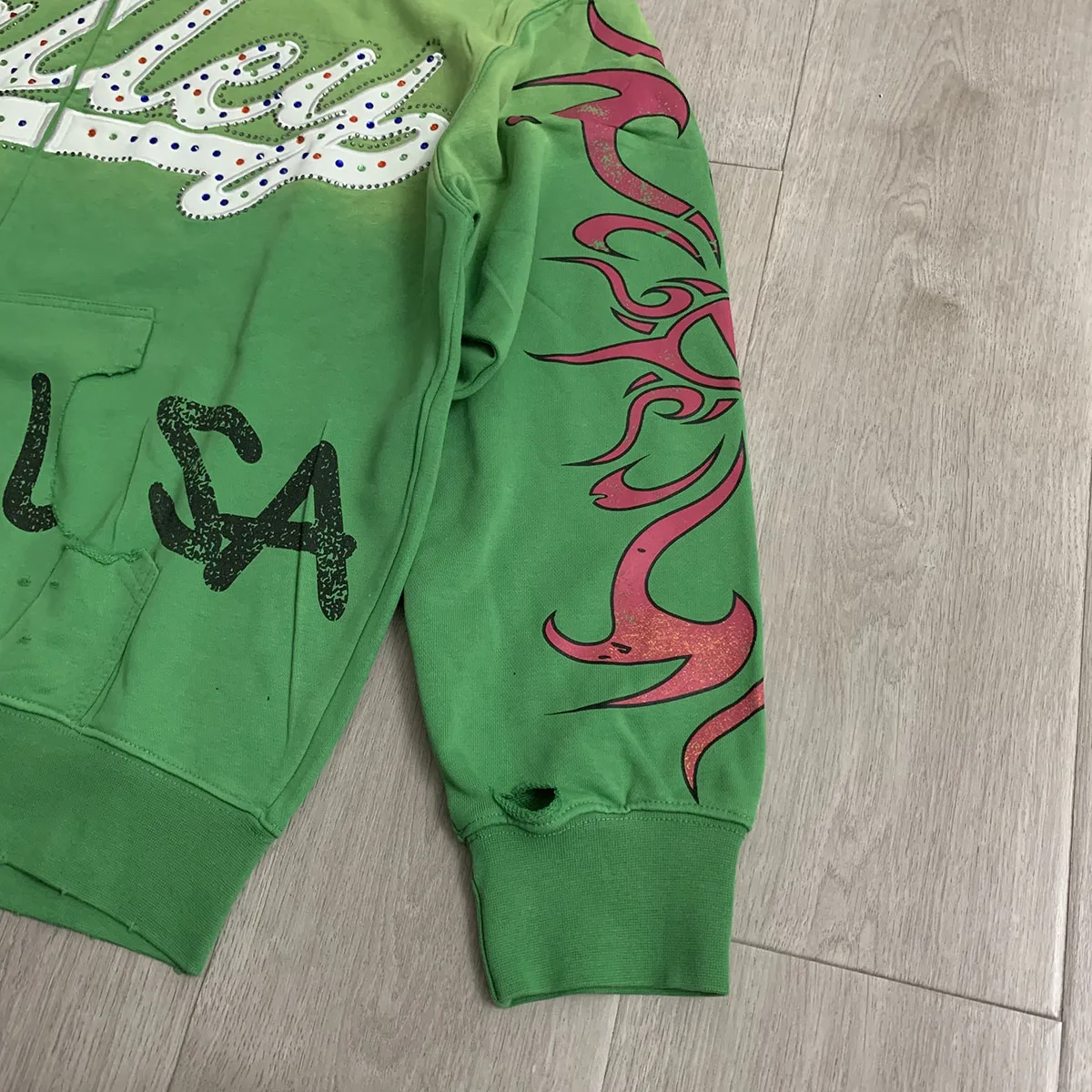 Streetwear Shinning Diamond Zipper Terry Hooded Hoodie for Men Oversized Graffiti Flame Cardigan Rhinestone Sweatshirt Jacket