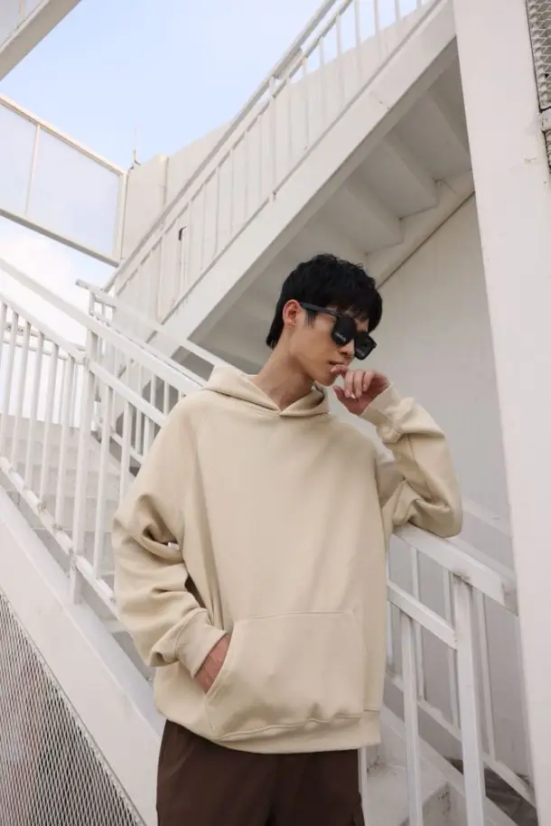 600GSM Men's 100% Cotton Hoodies Korean Style Loose Fit Fleece Hooded Pullover Windproof Casual Oversized Heavy Jumper Sweater