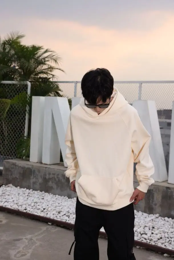 600GSM Men's 100% Cotton Hoodies Korean Style Loose Fit Fleece Hooded Pullover Windproof Casual Oversized Heavy Jumper Sweater