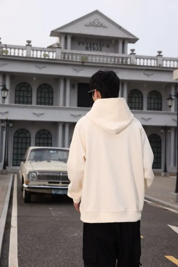 600GSM Men's 100% Cotton Hoodies Korean Style Loose Fit Fleece Hooded Pullover Windproof Casual Oversized Heavy Jumper Sweater