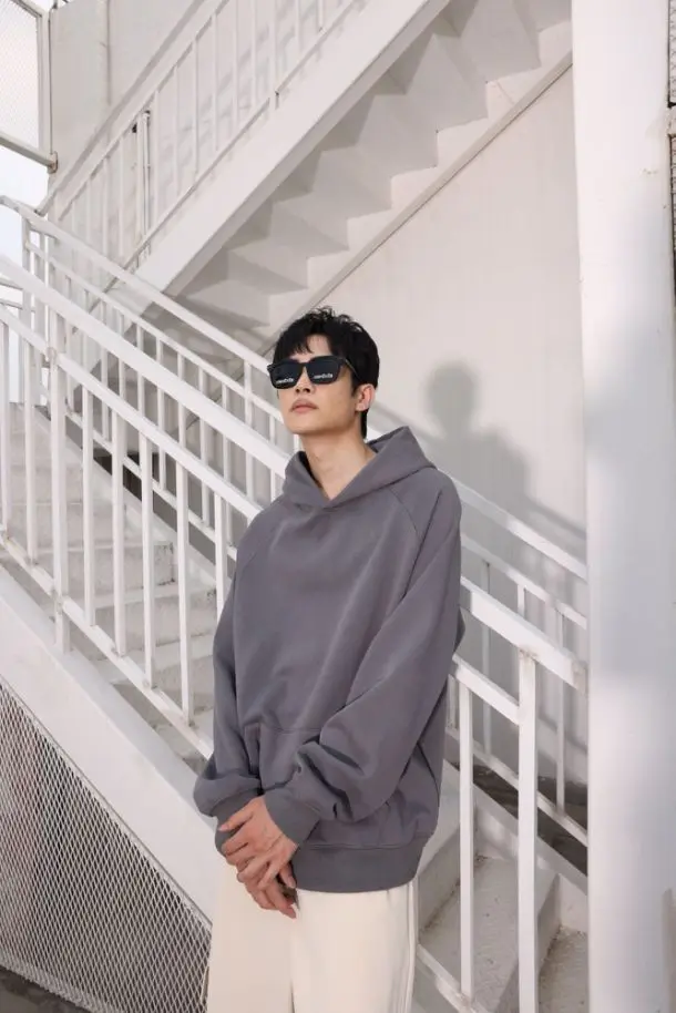 600GSM Men's 100% Cotton Hoodies Korean Style Loose Fit Fleece Hooded Pullover Windproof Casual Oversized Heavy Jumper Sweater
