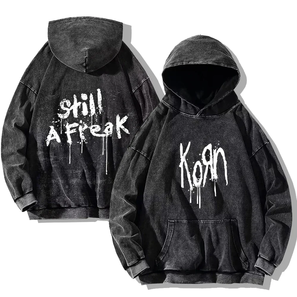 Korn Rock Band Vintage Washed Hoodies Korn Rock Hooded Sweatshirts Punk Oversized Long Sleeves Fashion Casual Pullover Unisex