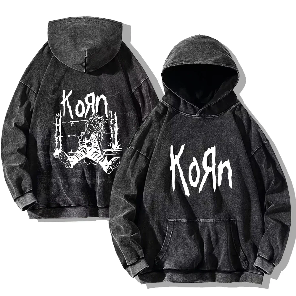 Korn Rock Band Vintage Washed Hoodies Korn Rock Hooded Sweatshirts Punk Oversized Long Sleeves Fashion Casual Pullover Unisex