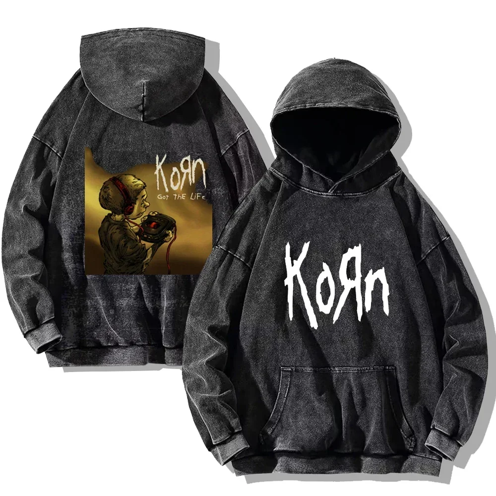 Korn Rock Band Vintage Washed Hoodies Korn Rock Hooded Sweatshirts Punk Oversized Long Sleeves Fashion Casual Pullover Unisex