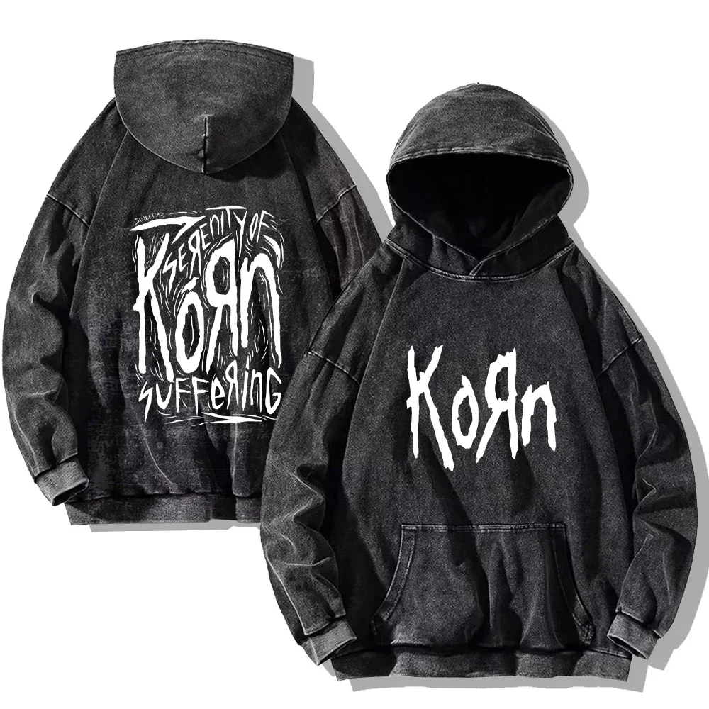 Korn Rock Band Vintage Washed Hoodies Korn Rock Hooded Sweatshirts Punk Oversized Long Sleeves Fashion Casual Pullover Unisex