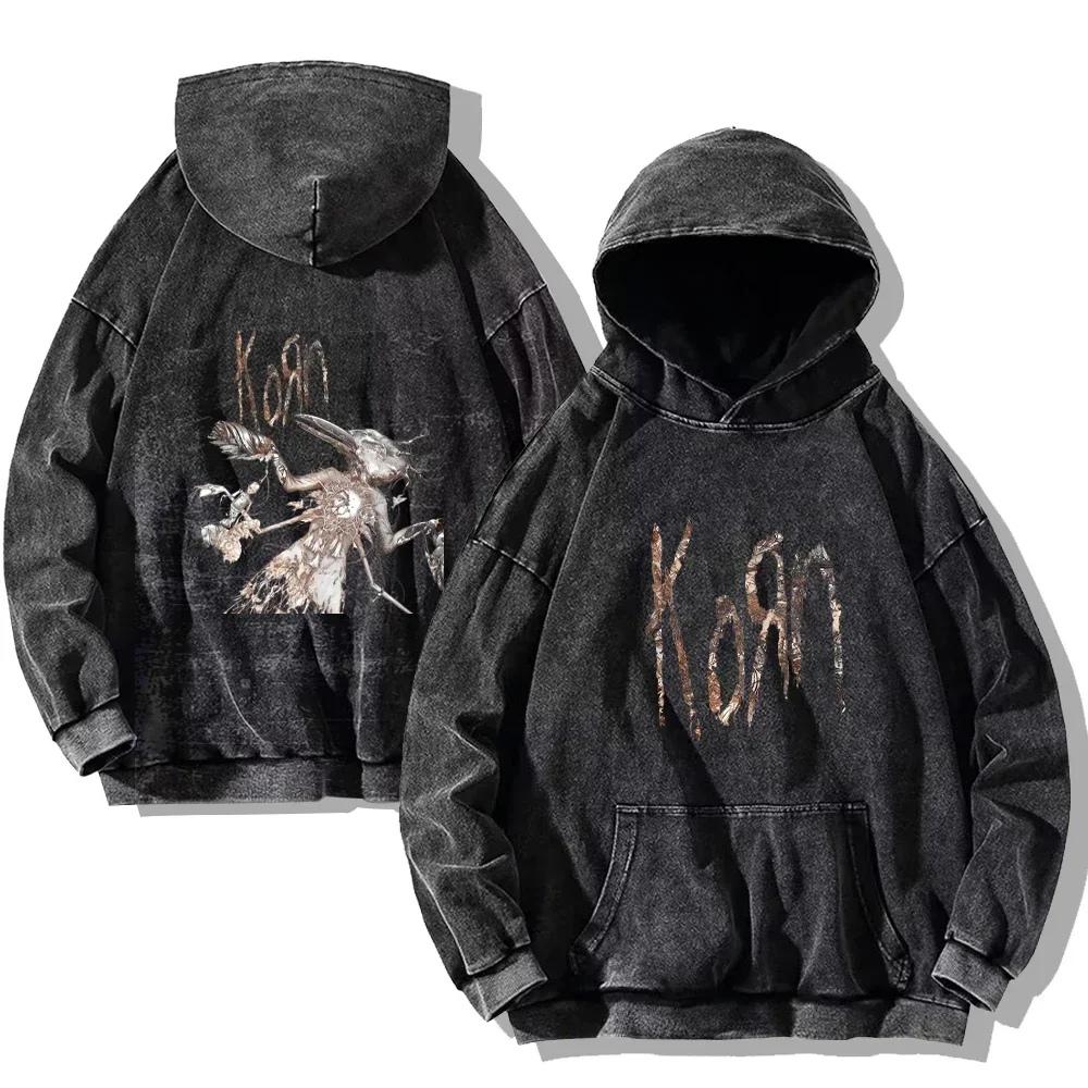 Korn Rock Band Vintage Washed Hoodies Korn Rock Hooded Sweatshirts Punk Oversized Long Sleeves Fashion Casual Pullover Unisex