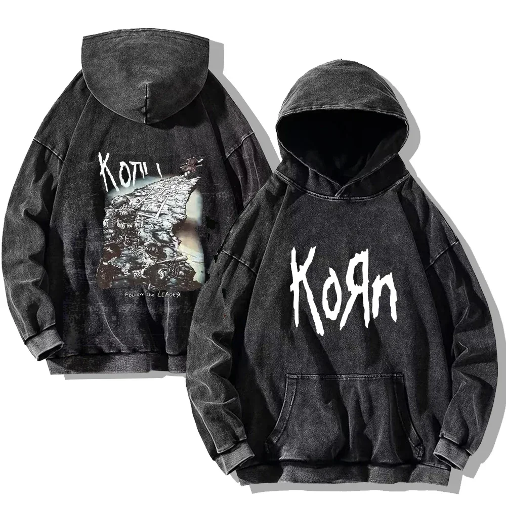 Korn Rock Band Vintage Washed Hoodies Korn Rock Hooded Sweatshirts Punk Oversized Long Sleeves Fashion Casual Pullover Unisex