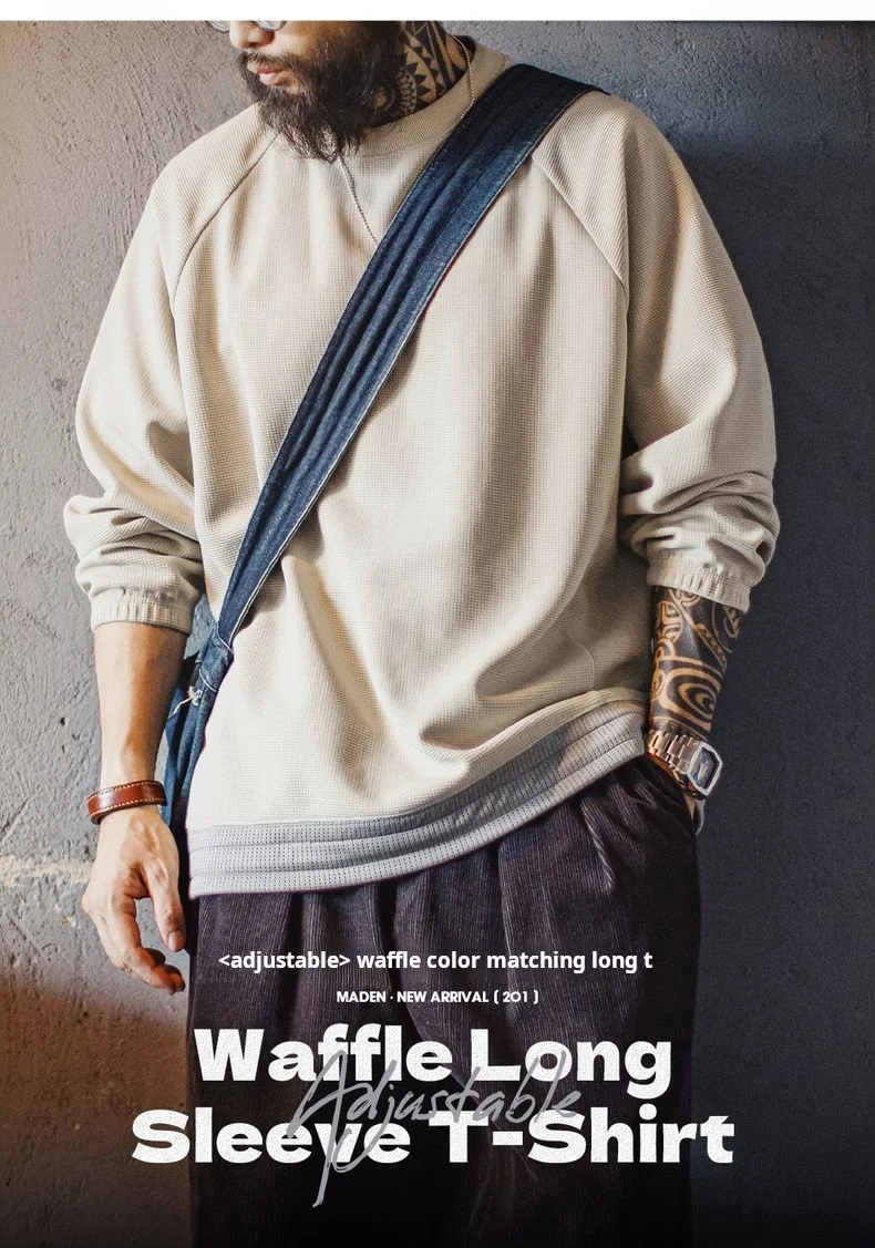 Maden Men‘s Casual Waffle Weave Sweatshirt Loose Fit Crew Neck Pullover Contrasting Drawstring Hem Casual Outerwear Spring Fall